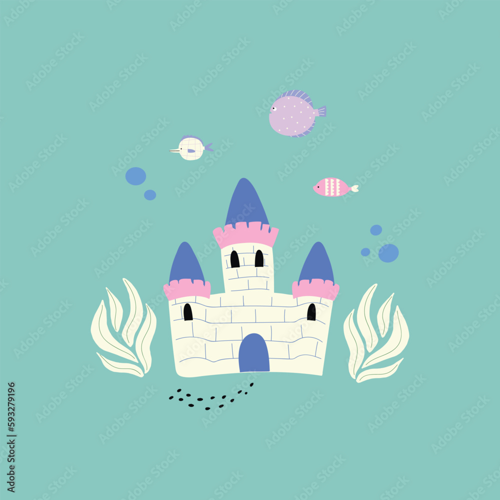 Naklejka premium Castle underwater isolated. Vector hand drawn illustration. Blue castle illustration. Great for fabric, textile Vector Illustration