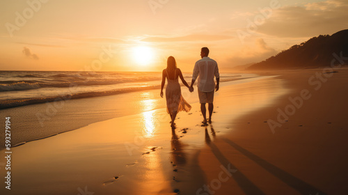 Men and wife walking along the beach in a romantic scene in front of the warm orange light of the sundown. Generative AI.
