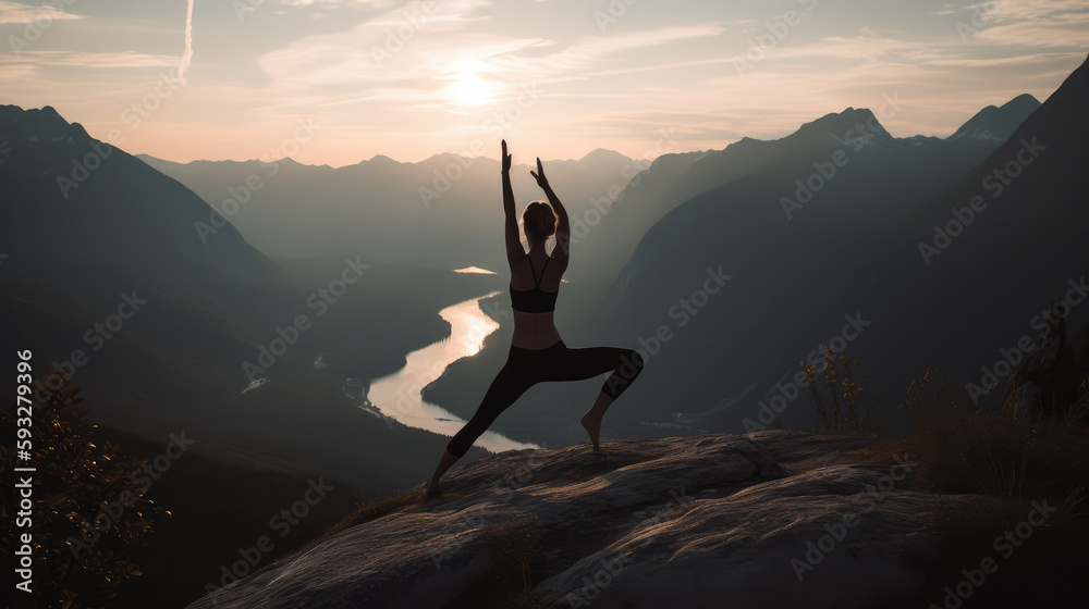 Woman does yoga training on top of a hill in front of the mountains. Generative AI.