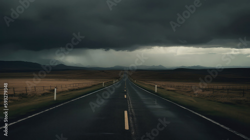 View along a long road under a grey cloudy sky with bad weather. Generative AI. © Markus