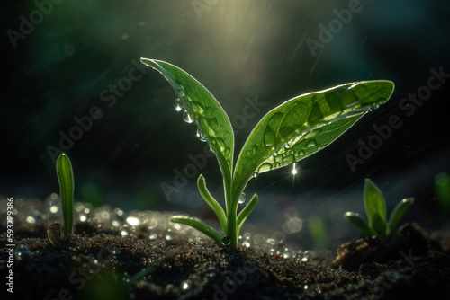 Young plant with drop of rain water in sunlight. Generative Ai