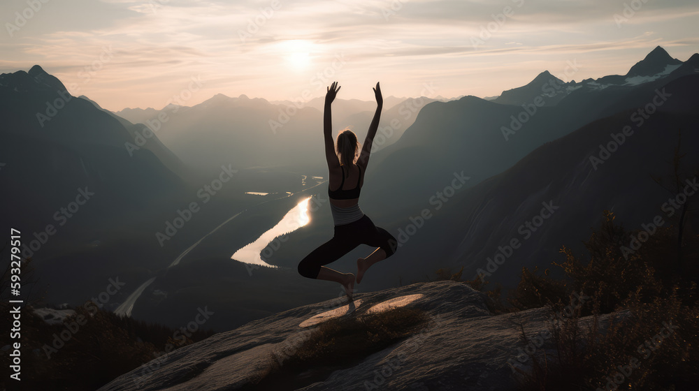 Single woman does yoga on top of a hill. Generative AI.