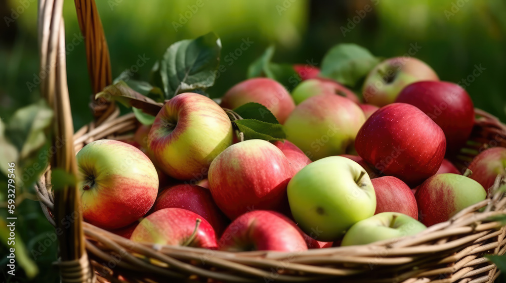 Some ripe red fresh harvested apples in a basket. Generative AI. Some ripe red fresh harvested apples in a basket. Generative AI.