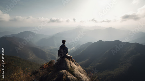 Single hiker sitting on top of a mountain in the middle of a mountain chain as a symbol for freedom. Generative AI. © Markus