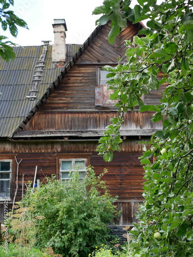 Old wooden house in the village against the backdrop of lush greenery. Vintage house, antiquity, rustic summer landscape.