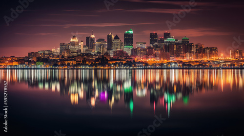 Beautiful nightshot of the skyline of a big city with Generative AI.