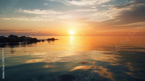 Yellow and orange light of the down going sun at the sunddowner over the ocean. Generative AI.