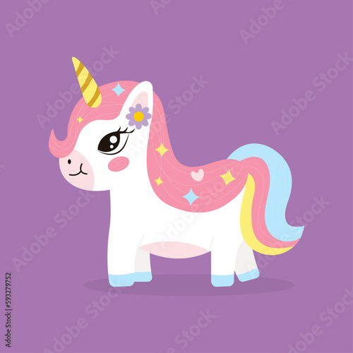 Cute baby white unicorn with rainbow colours. Vector isolated illustration.