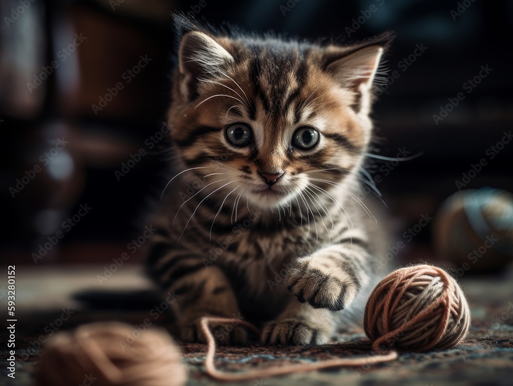 A playful kitten batting at a ball of yarn