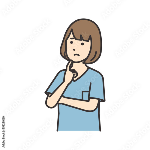 顎に人差し指をあてて悩む看護師の女性のイラスト