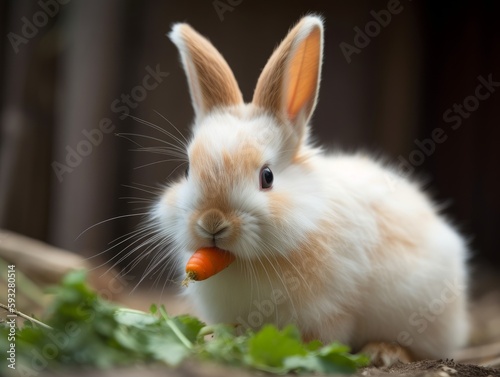 A fluffy white bunny nibbling on a carrot