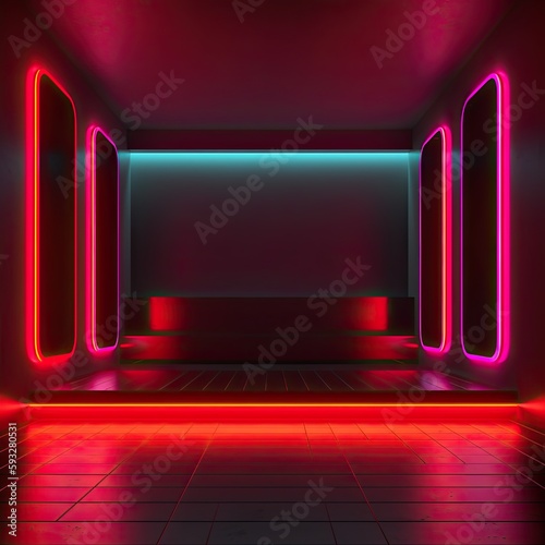 A Futuristic Glow: An Empty Room with Neon Lights and Red Lighting Showing a Product Display Background Art, Generative AI