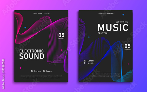 Electronic music festival poster. Party flyer design with abstract wave lines. Futuristic electro music festival cover design. Vector illustration.