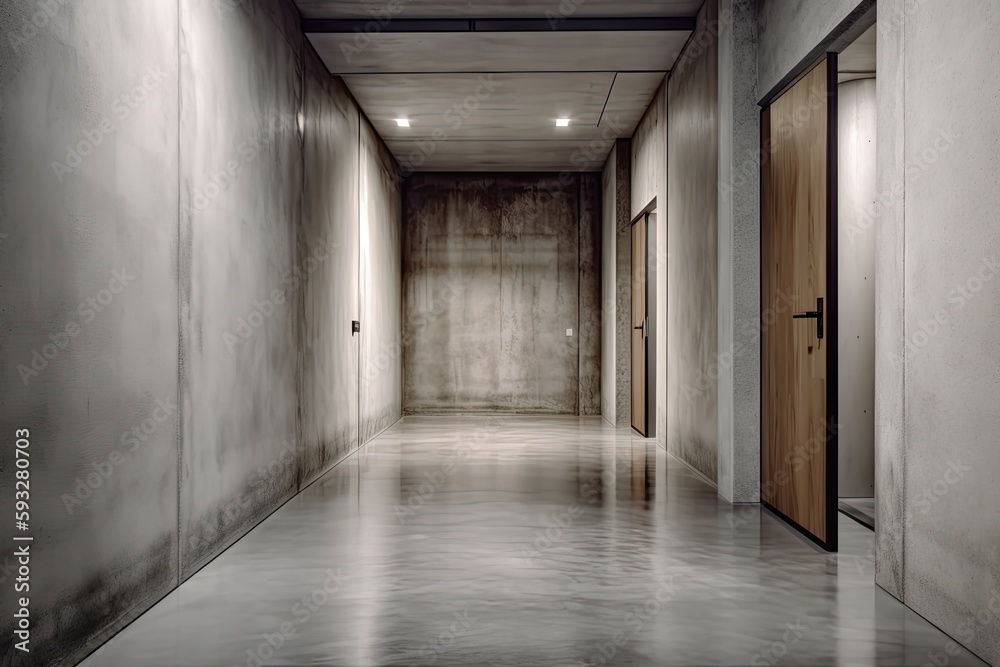 Empty Concrete Hallway Illuminated: Grunge Steel Interior of Cement Room in Building Showroom. Generative AI