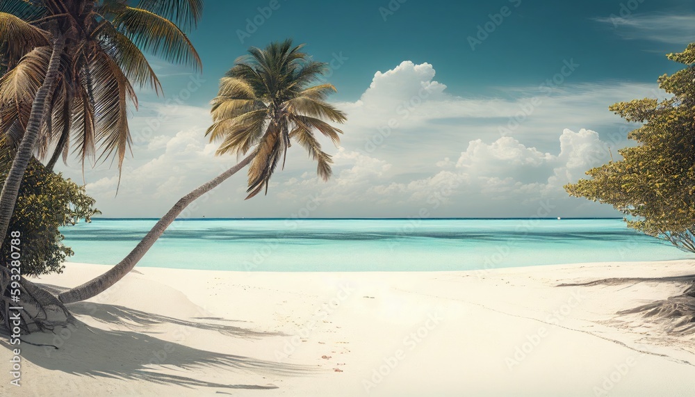 Tropical beach with white sand, turquoise ocean and palm trees. Illustration by Generative AI. Tropical beach with white sand, turquoise ocean and palm trees. Illustration by Generative AI.