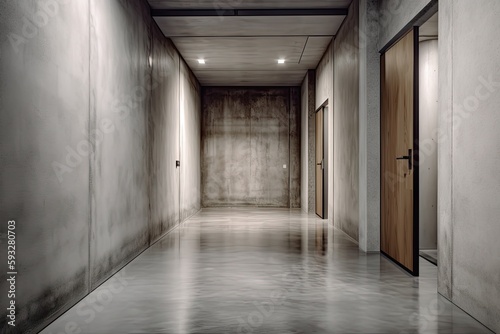 Empty Concrete Hallway Illuminated: Grunge Steel Interior of Cement Room in Building Showroom. Generative AI © AIGen