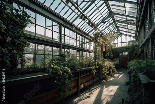Moody Greenhouse Interior with Steel Roof and Urban Windows - A Contrast of Plants and Modern Architecture. Generative AI