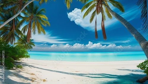 Tropical beach with white sand, turquoise ocean and palm trees. Illustration by Generative AI.