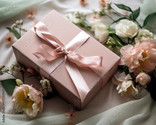 Wrapped gift box, adorned with a satin ribbon and surrounded by fresh spring flowers.