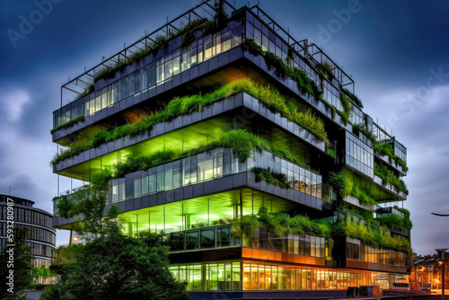 Eco-friendly green office building with vertical garden design for sustainability, View at evening, with green and orange colored lights. High quality generative AI