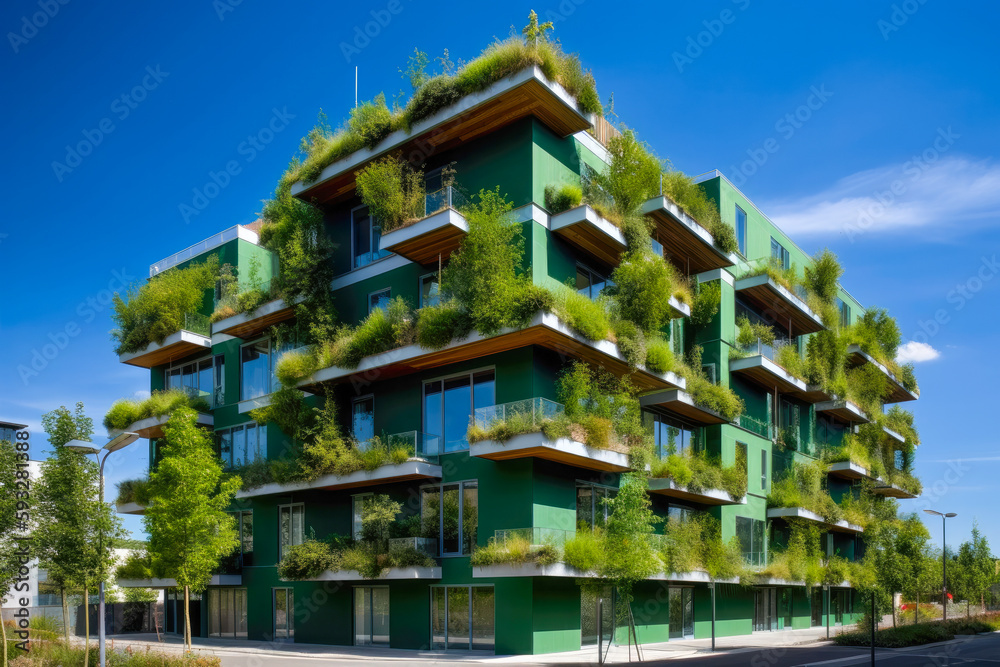 Green buildings concept. Eco-friendly green apartment or office building with vertical garden design for sustainability, Modern architecture, covered with moss and plants. High quality generative AI