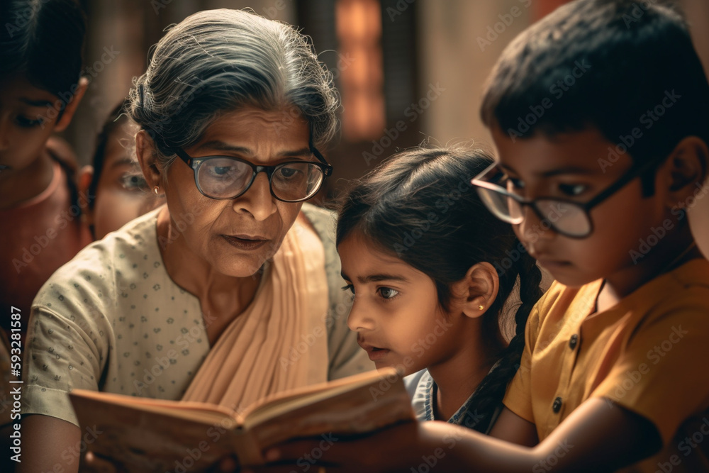 banner, A photo of a teacher reading a book aloud to a group of captivated students. Teacher's day Generative AI banner, A photo of a teacher reading a book aloud to a group of captivated students. Teacher's day Generative AI