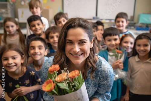A photo of a teacher with a big smile  surrounded by students holding thank-you cards and flowers. Teacher s day Generative AI