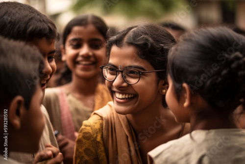 banner, A candid shot of a teacher sharing a light moment or a laugh with students. Teacher's day Generative AI
