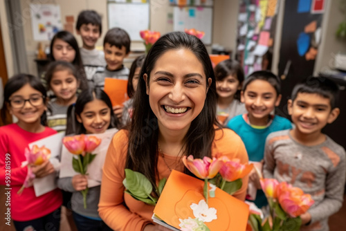 A photo of a teacher with a big smile  surrounded by students holding thank-you cards and flowers. Teacher s day Generative AI