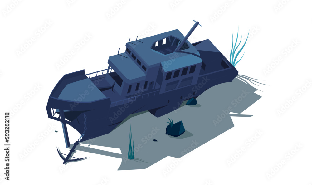 Sunken destroyed shipwreck lies on seabed isolated on white background. The ship ran aground. Abandoned broken sea vessel in isometric design. War ship after combat on sea bottom. Vector illustration - obrazy, fototapety, plakaty 