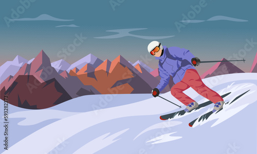 Extreme skier slides on mountain downhill. Sports recreation on skis in mountains hills. Winter activity. Skiing in winter Alps. Winter sport resort with mountain peaks landscape. Vector illustration