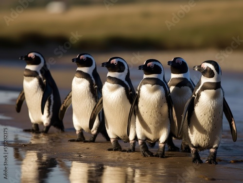 A group of penguins waddling in a line