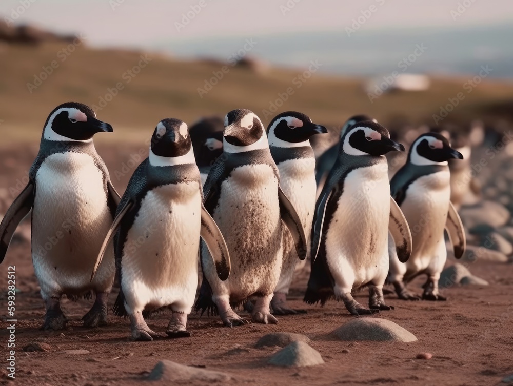 Obraz premium A group of penguins waddling in a line