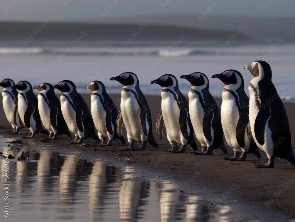 Obraz premium A group of penguins waddling in a line