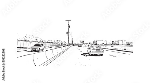 Building view with landmark of Ras Al Khaimah is the city in United Arab Emirates. Hand drawn sketch  illustration in vector.