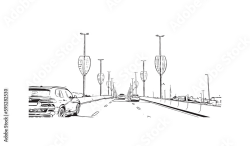 Building view with landmark of Ras Al Khaimah is the city in United Arab Emirates. Hand drawn sketch  illustration in vector.