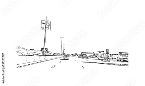 Building view with landmark of Ras Al Khaimah is the city in United Arab Emirates. Hand drawn sketch  illustration in vector.