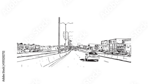 Building view with landmark of Ras Al Khaimah is the city in United Arab Emirates. Hand drawn sketch  illustration in vector.
