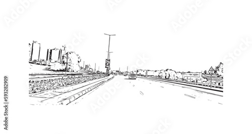 Building view with landmark of Ras Al Khaimah is the city in United Arab Emirates. Hand drawn sketch  illustration in vector.