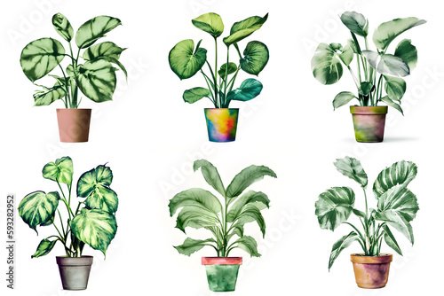 set of watercolor houseplants in pots, isolated on white. generative ai
