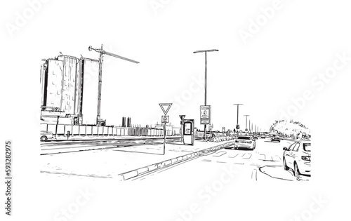 Building view with landmark of Ras Al Khaimah is the city in United Arab Emirates. Hand drawn sketch  illustration in vector.
