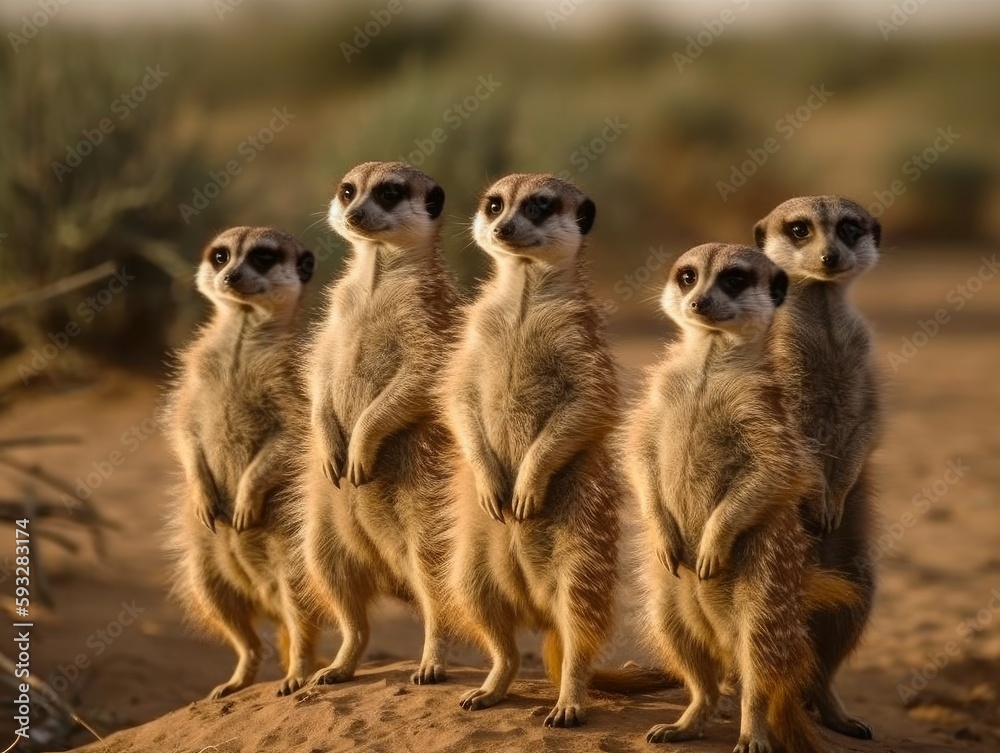 A group of meerkats standing upright, looking alert A group of meerkats standing upright, looking alert