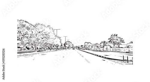 Building view with landmark of Ras Al Khaimah is the city in United Arab Emirates. Hand drawn sketch  illustration in vector.
