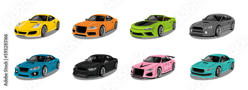 Set of colorful fast cars. Race automobiles collection. Urban city super cars and vehicles transport new icons. Luxury realistic vehicles isolated on white background. Muscle car. Vector illustration