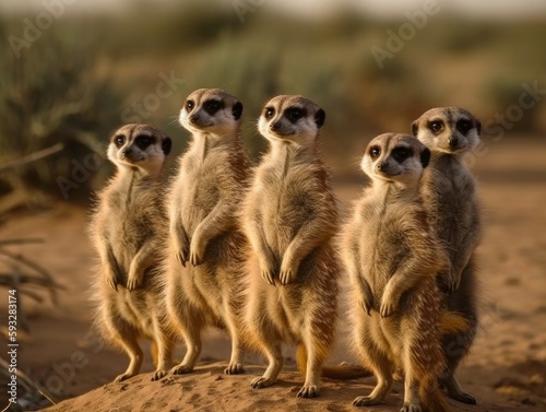 Photo A group of meerkats standing upright, looking alert
