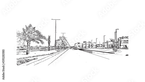 Building view with landmark of Ras Al Khaimah is the city in United Arab Emirates. Hand drawn sketch  illustration in vector.