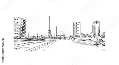 Building view with landmark of Ras Al Khaimah is the city in United Arab Emirates. Hand drawn sketch  illustration in vector.