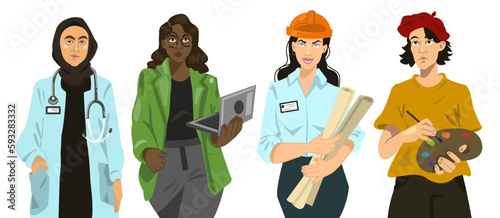 Set of confident diverse nationality women. Young woman different nations and jobs. Flat vector character illustration. Successful employees in different uniforms type of activity. Vector illustration
