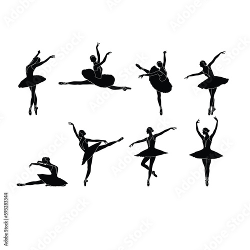 Set of 8 ballerina silhouette flat vectors on white background. Collection of ballet dance moves. Black and white ballet dancer icon.