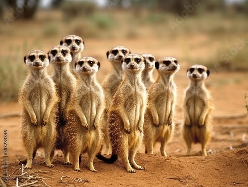 Canvas Print A group of meerkats standing upright, looking alert